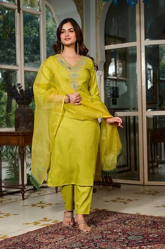 Viscose Rayon Lemon Yellow Color Embroidery Kurta Set