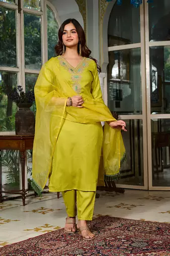 Viscose Rayon Lemon Yellow Color Embroidery Kurta Set