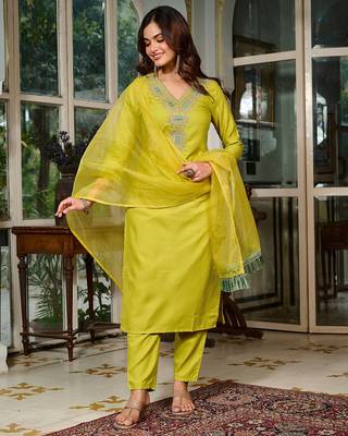 Viscose Rayon Lemon Yellow Color Embroidery Kurta Set 2