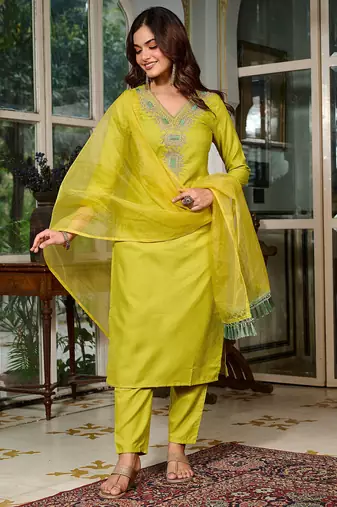 Viscose Rayon Lemon Yellow Color Embroidery Kurta Set