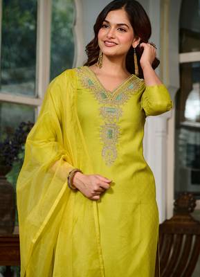 Viscose Rayon Lemon Yellow Color Embroidery Kurta Set 4