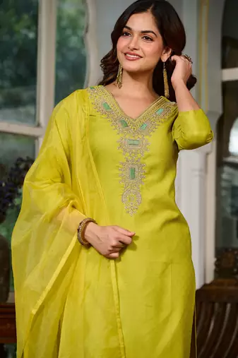 Viscose Rayon Lemon Yellow Color Embroidery Kurta Set