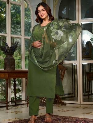 Olive Green Kurta Set with Embroidered Neckline & Floral Dupatta 1