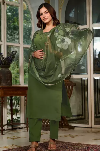Olive Green Kurta Set with Embroidered Neckline & Floral Dupatta
