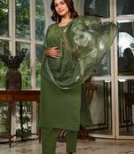 Olive Green Kurta Set with Embroidered Neckline & Floral Dupatta