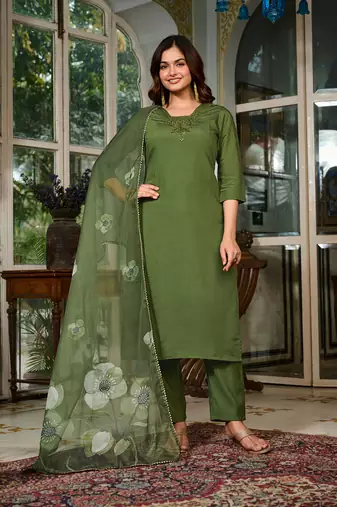 Olive Green Kurta Set with Embroidered Neckline & Floral Dupatta