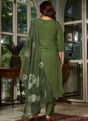 Olive Green Kurta Set with Embroidered Neckline & Floral Dupatta 3