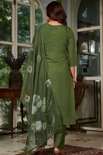 Olive Green Kurta Set with Embroidered Neckline & Floral Dupatta