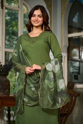 Olive Green Kurta Set with Embroidered Neckline & Floral Dupatta 4
