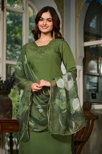 Olive Green Kurta Set with Embroidered Neckline & Floral Dupatta