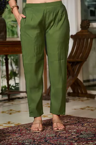 Olive Green Kurta Set with Embroidered Neckline & Floral Dupatta