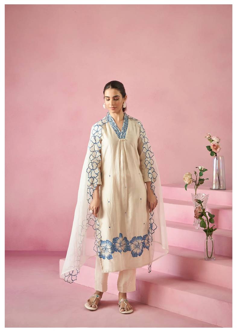 Ivory Kurta Set with Blue Floral Embroidery & Dupatta     Elegant Ethnic Wear for Women