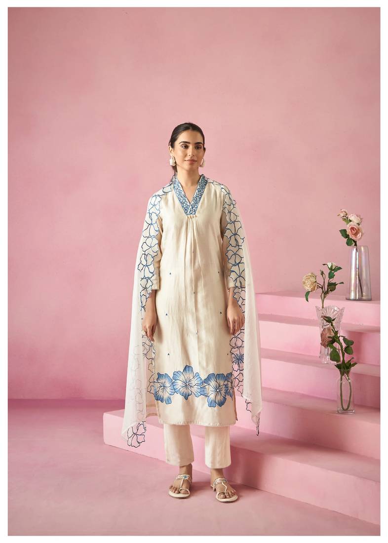 Ivory Kurta Set with Blue Floral Embroidery & Dupatta     Elegant Ethnic Wear for Women