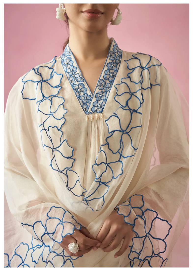 Ivory Kurta Set with Blue Floral Embroidery & Dupatta     Elegant Ethnic Wear for Women