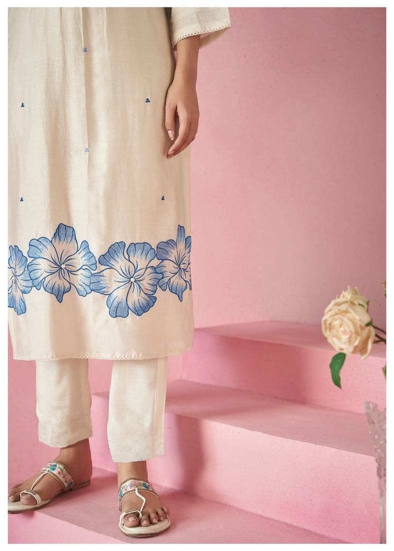 Ivory Kurta Set with Blue Floral Embroidery & Dupatta     Elegant Ethnic Wear for Women