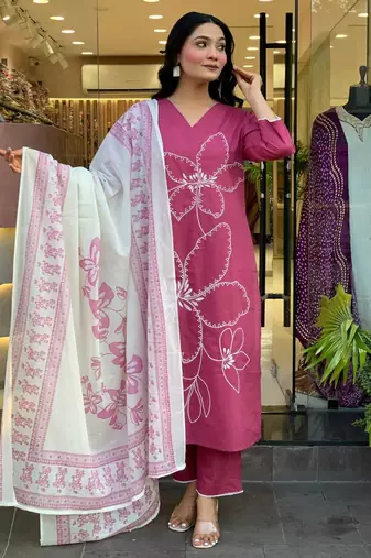 Baby Pink Floral Kurta Set with Printed Dupatta     Elegant Ethnic Wear for Women