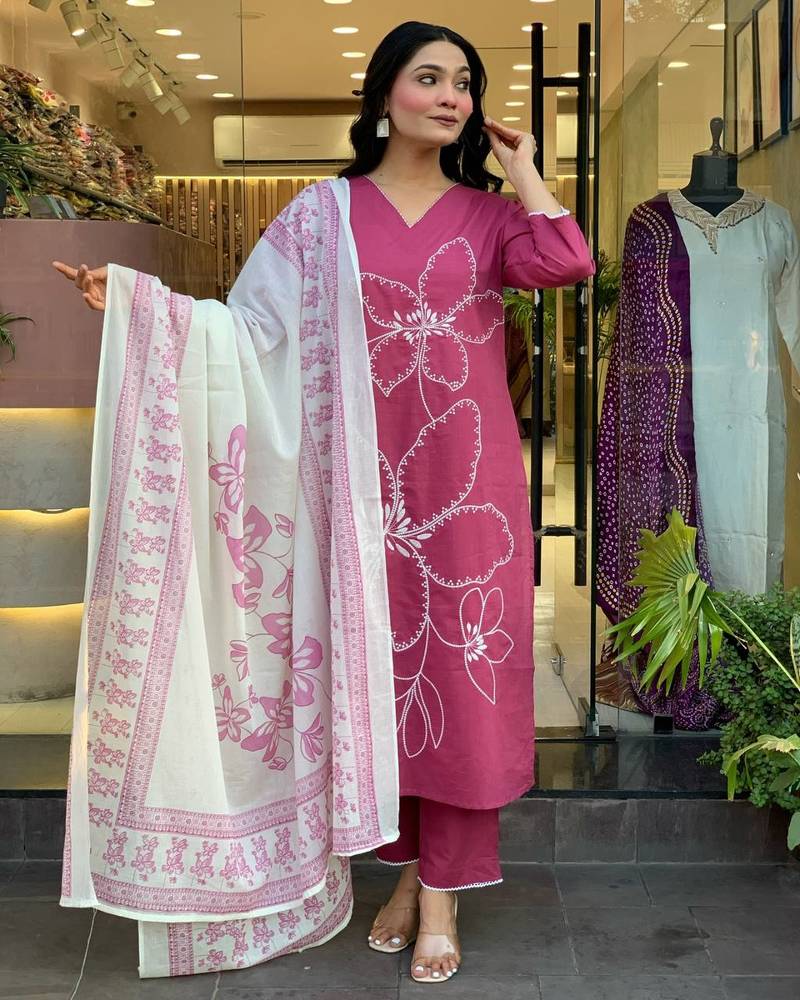 Baby Pink Floral Kurta Set with Printed Dupatta     Elegant Ethnic Wear for Women