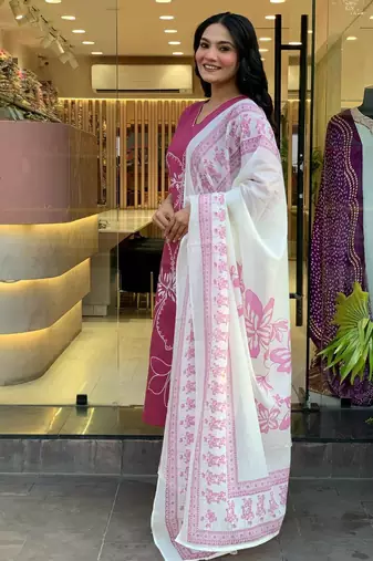 Baby Pink Floral Kurta Set with Printed Dupatta     Elegant Ethnic Wear for Women