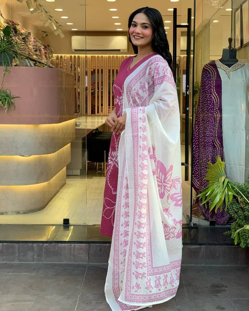 Baby Pink Floral Kurta Set with Printed Dupatta     Elegant Ethnic Wear for Women