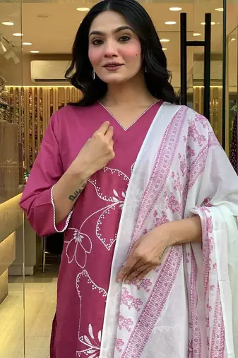 Baby Pink Floral Kurta Set with Printed Dupatta     Elegant Ethnic Wear for Women