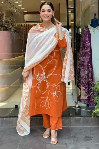 Rust Orange Floral Kurta Set with Printed Dupatta     Elegant Ethnic Wear for Women