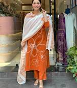 Rust Orange Floral Kurta Set with Printed Dupatta     Elegant Ethnic Wear for Women