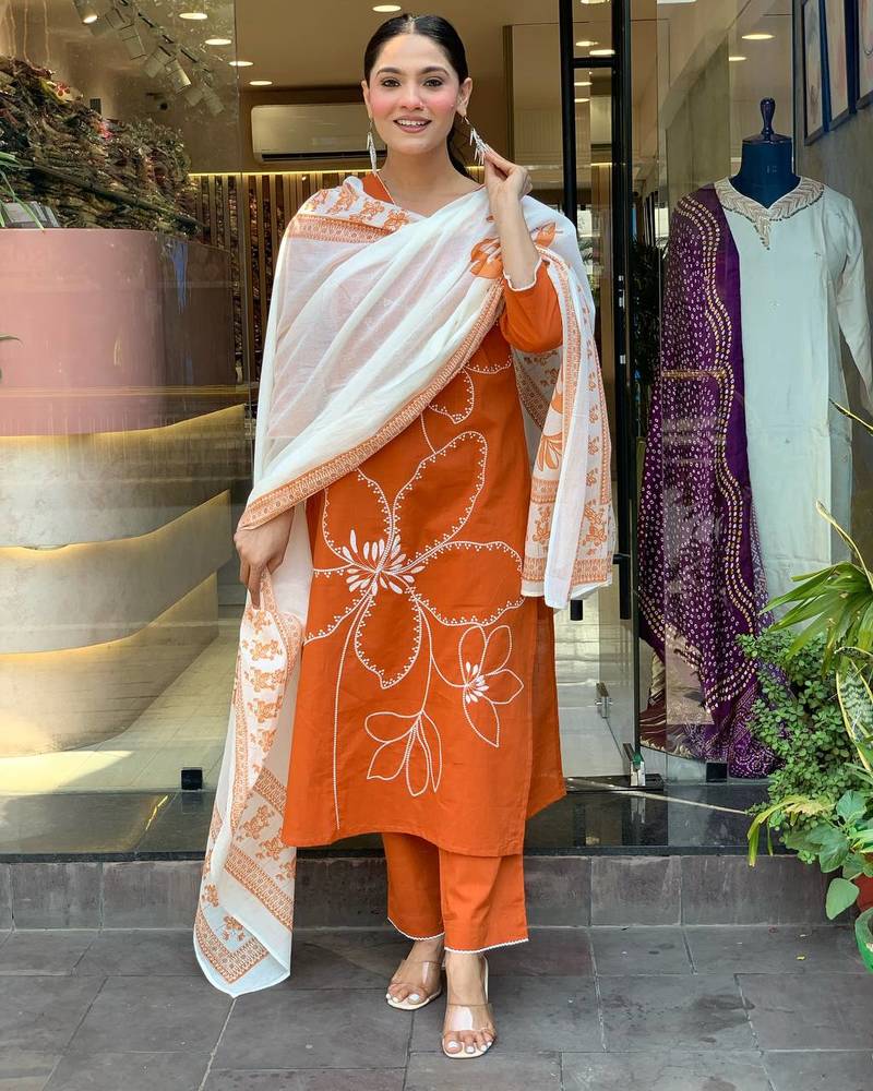 Rust Orange Floral Kurta Set with Printed Dupatta     Elegant Ethnic Wear for Women