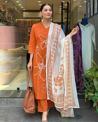 Rust Orange Floral Kurta Set with Printed Dupatta     Elegant Ethnic Wear for Women 2