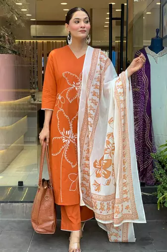 Rust Orange Floral Kurta Set with Printed Dupatta     Elegant Ethnic Wear for Women