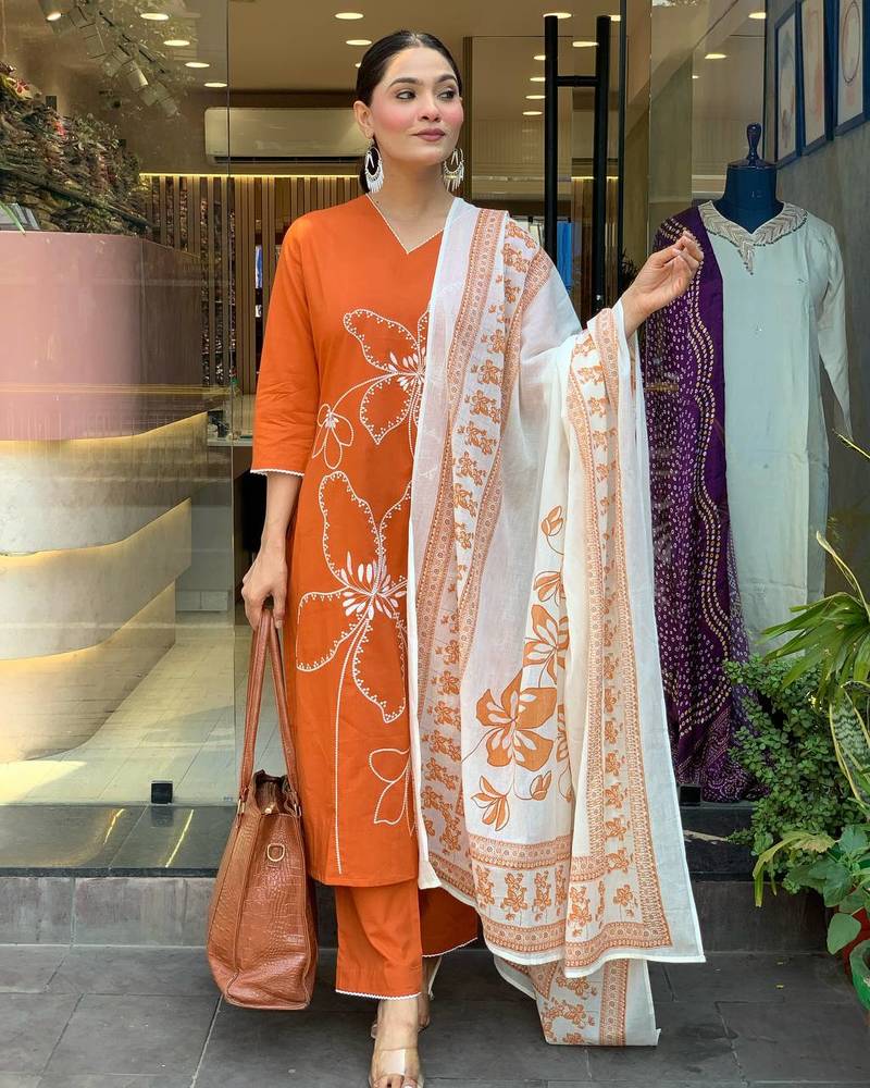 Rust Orange Floral Kurta Set with Printed Dupatta     Elegant Ethnic Wear for Women