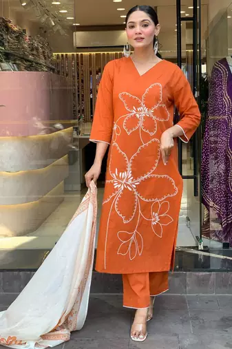 Rust Orange Floral Kurta Set with Printed Dupatta     Elegant Ethnic Wear for Women