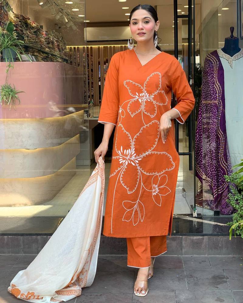 Rust Orange Floral Kurta Set with Printed Dupatta     Elegant Ethnic Wear for Women
