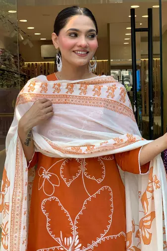 Rust Orange Floral Kurta Set with Printed Dupatta     Elegant Ethnic Wear for Women