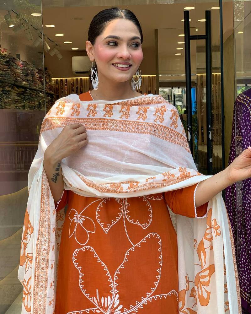 Rust Orange Floral Kurta Set with Printed Dupatta     Elegant Ethnic Wear for Women