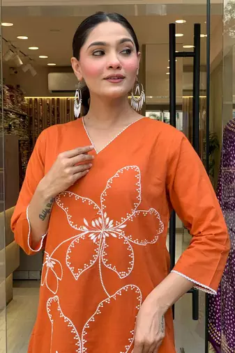 Rust Orange Floral Kurta Set with Printed Dupatta     Elegant Ethnic Wear for Women