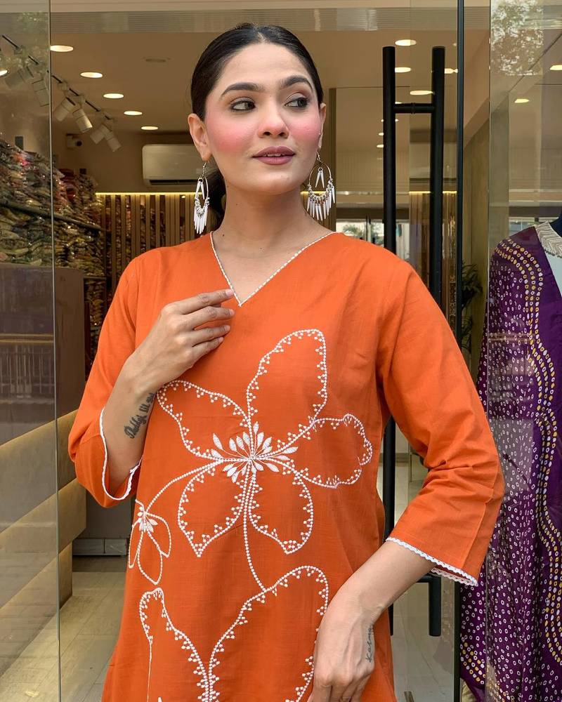 Rust Orange Floral Kurta Set with Printed Dupatta     Elegant Ethnic Wear for Women