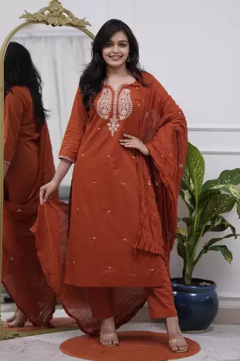Premium ethnic wear for women featuring a graceful Rust kurta set
