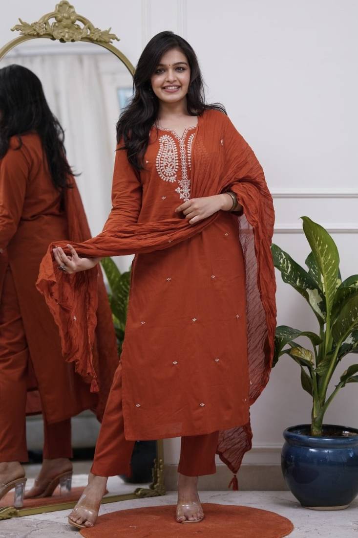 Premium ethnic wear for women featuring a graceful Rust kurta set