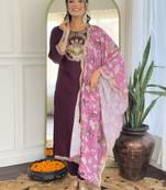Purple Embroidered viscose rayon kurta pant with dupatta