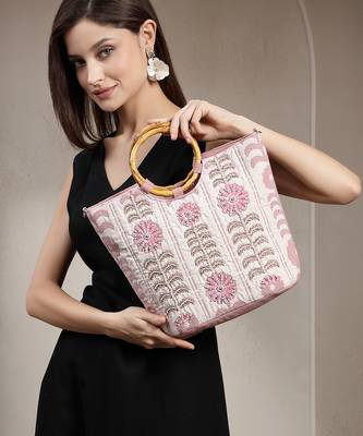 petal posh beige cotton floral embellished handheld bag 1