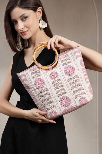 petal posh beige cotton floral embellished handheld bag