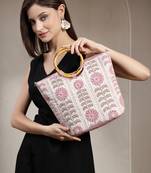 petal posh beige cotton floral embellished handheld bag