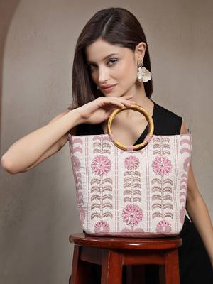 petal posh beige cotton floral embellished handheld bag 3