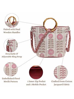 petal posh beige cotton floral embellished handheld bag 4