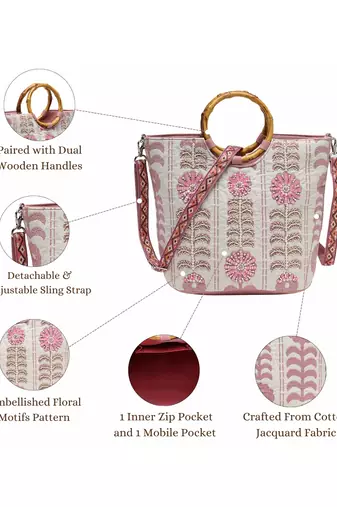 petal posh beige cotton floral embellished handheld bag