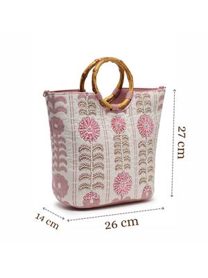petal posh beige cotton floral embellished handheld bag 5