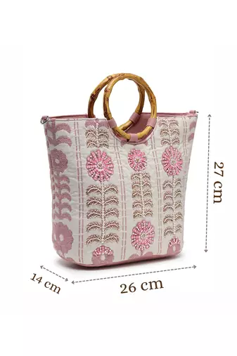 petal posh beige cotton floral embellished handheld bag