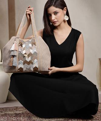 folklore edit beige cotton chevron embellished hobo bag 1