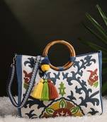 tribal sutra off white canvas floral embroidered handheld bag