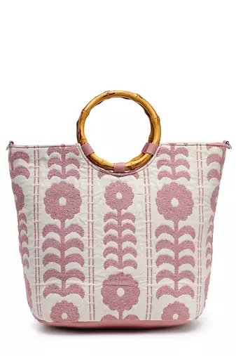 petal posh beige cotton floral embellished handheld bag